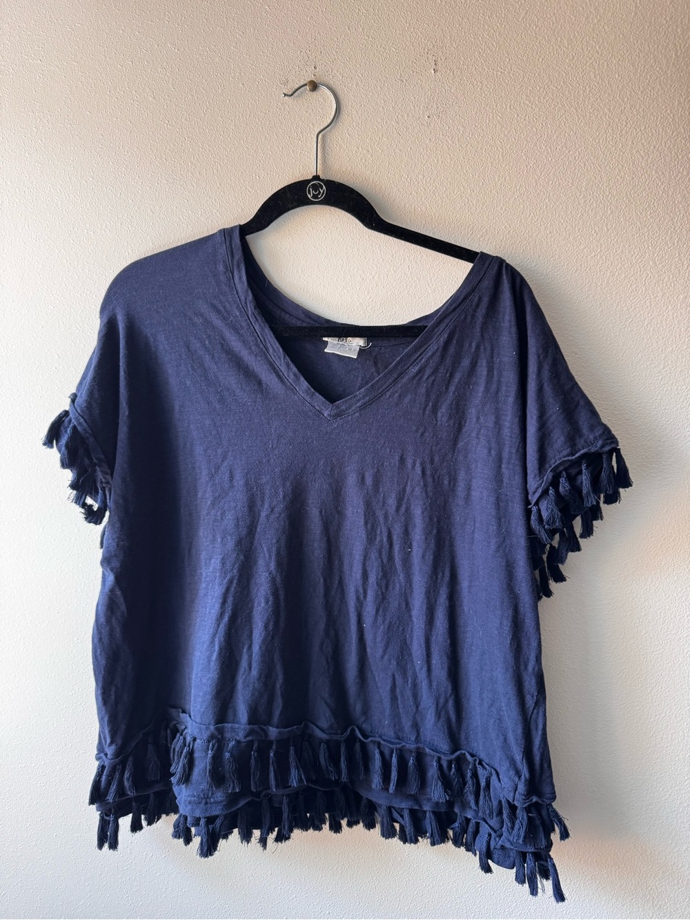 Isela Navy Tassel-Trim V-Neck Top